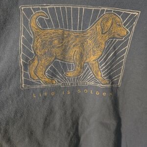 Life Is Good Dog Tee - Blue and Gold Golden Retriever V-Neck. Smoke Free